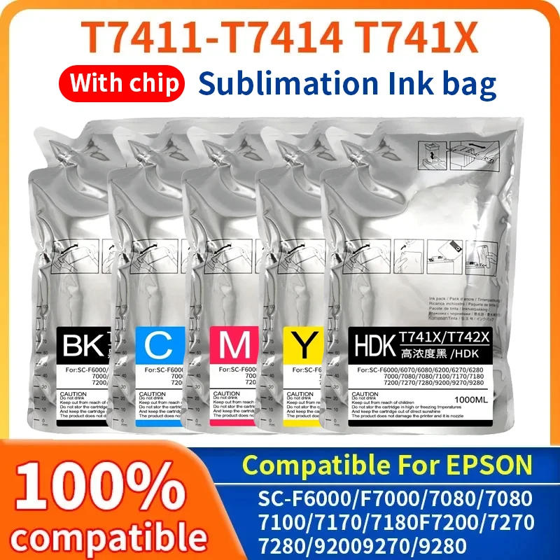 1000ML T7411 T7412 T7413 T7414 T741X Dye Sublimation Ink bag Packs With Chip For Epson F6000 F7000 F6070 F7070 F6200 F7200 F6270