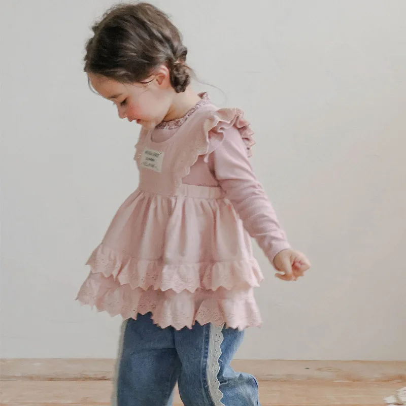 الفتيات أعلى 2025 الخريف الطبعة النسخة الكورية الحلو جوفاء التطريز الدانتيل أكمام تنوعا تانك الأعلى تنورة لطيف ارتداء اليومي #2