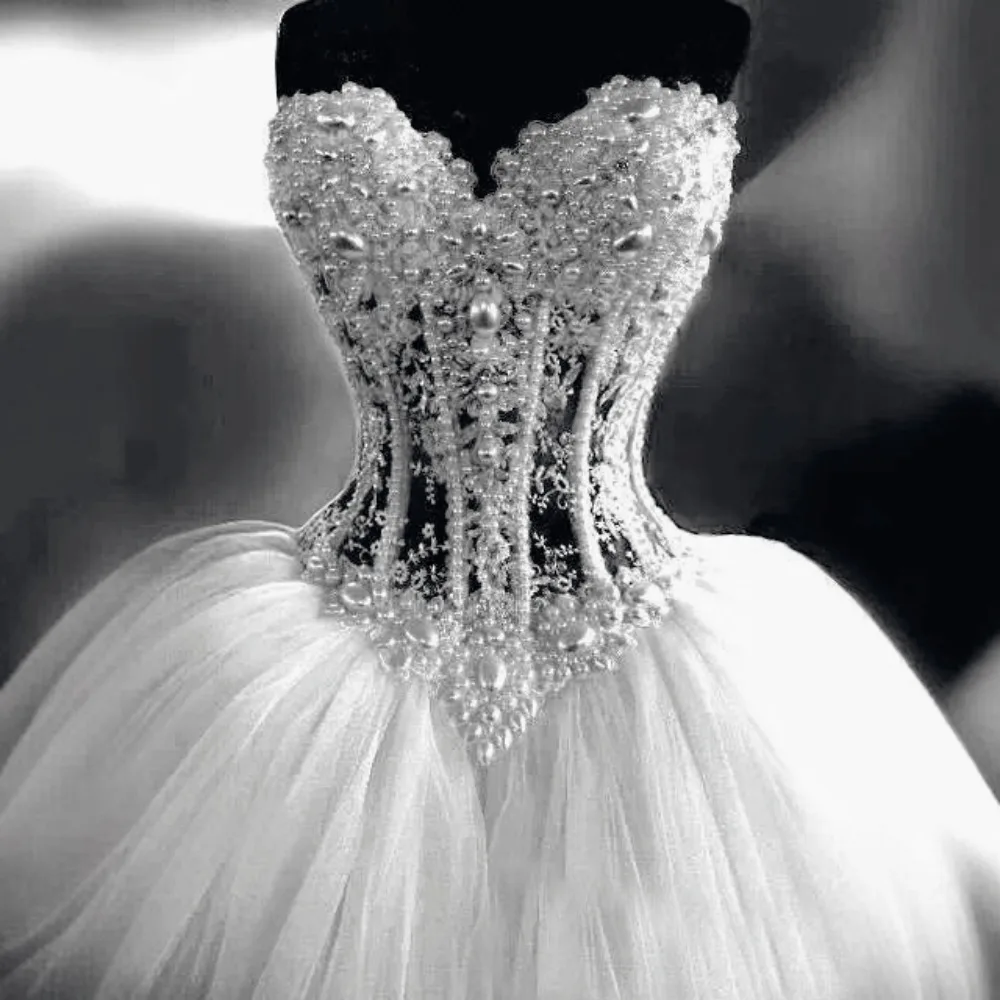Heavy Strapless Cut-out Pearls Beaded Wedding Dress Lace Up Back Ball Gown Princess Bridal Gown White Dress for Wedding