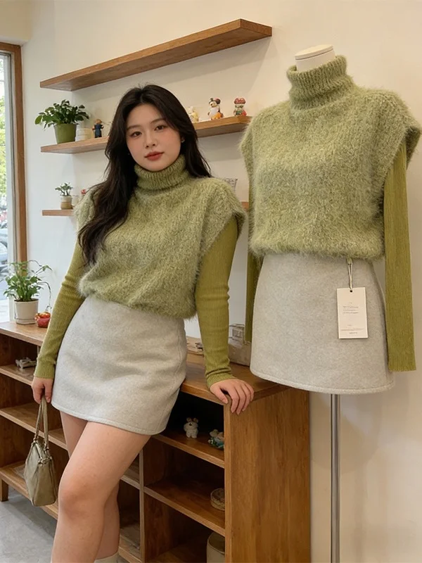 

Fashionable plus Size Set Women's Spring High Collar Batwing Sleeve Vest Color Base Shirt High Waist Skirt Three P...