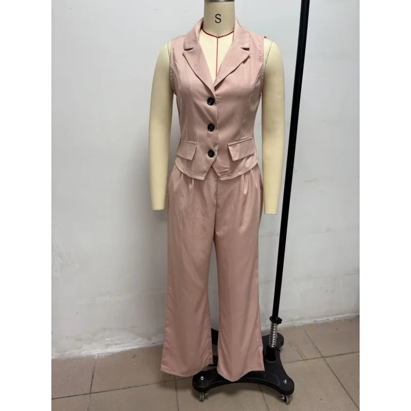 Damen 2-teiliges Outfit, ärmellose Weste mit Revers, hochtaillierte Hose mit weitem Bein, elegantes Büro-Formalanzug-Set, Business-Party-Partnerlook – Detail 6