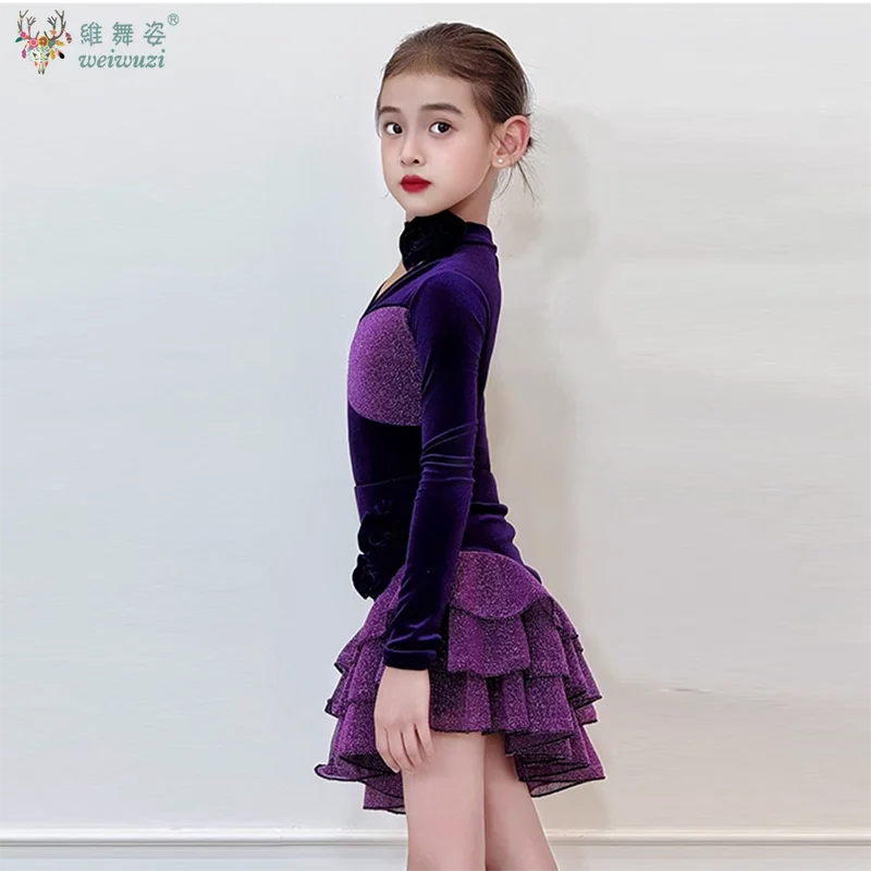 Vêtements d'entraînement de danse latine pour filles, jupe multicouche à manches longues, vêtements de compétition de spectacle sur scène de danse latine, automne