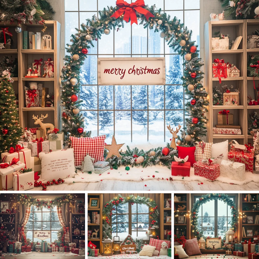

Christmas Window Wreath Photo Backdrop Snow Winter Forest Gift Deer Pillow Xmas Family Portrait Studio Shooting Background