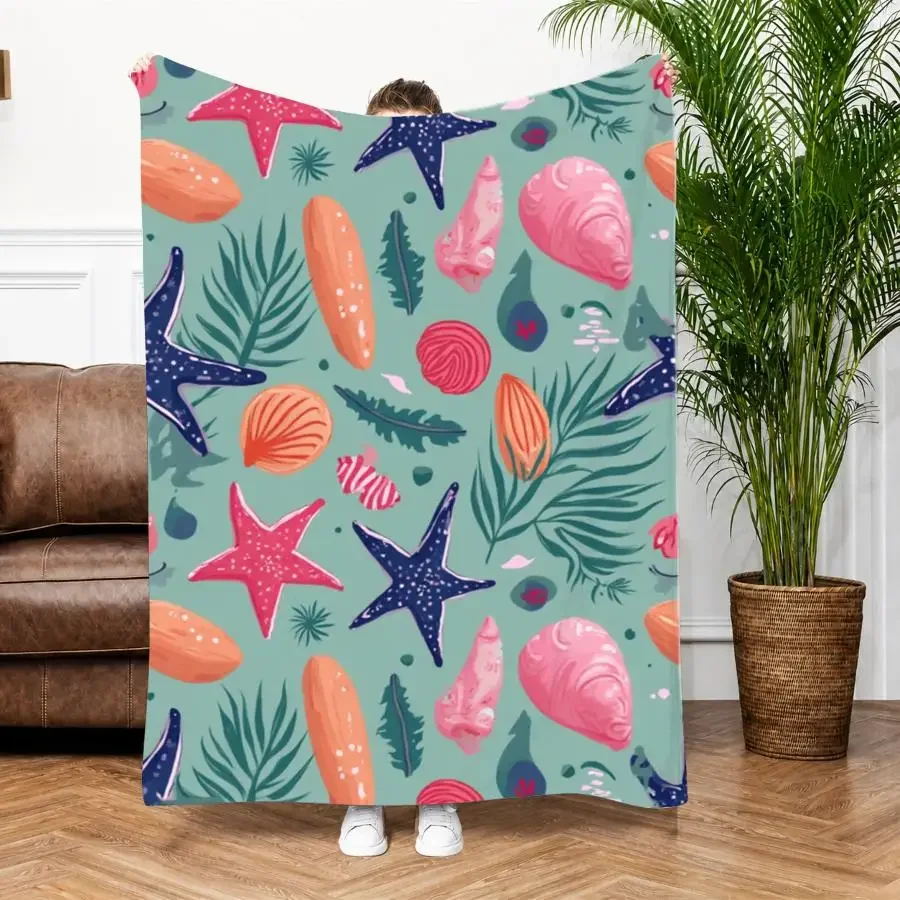1pc Premium Warm Flannel Blanket with Cheerful Coastal Seashell And Starfish Pattern, Soft Mint-Green Decorative Throw for All