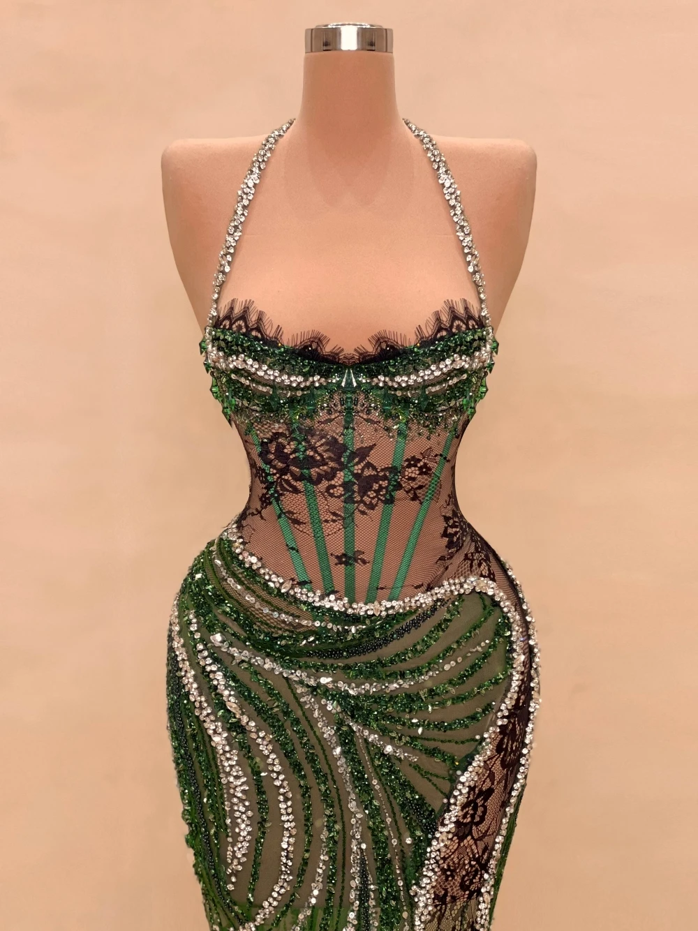 GRACEPROM Green Beaded Sequined Evening Dress See-through Lace Crystals Customized Prom Gown Glitter Delicate Cocktail Wear