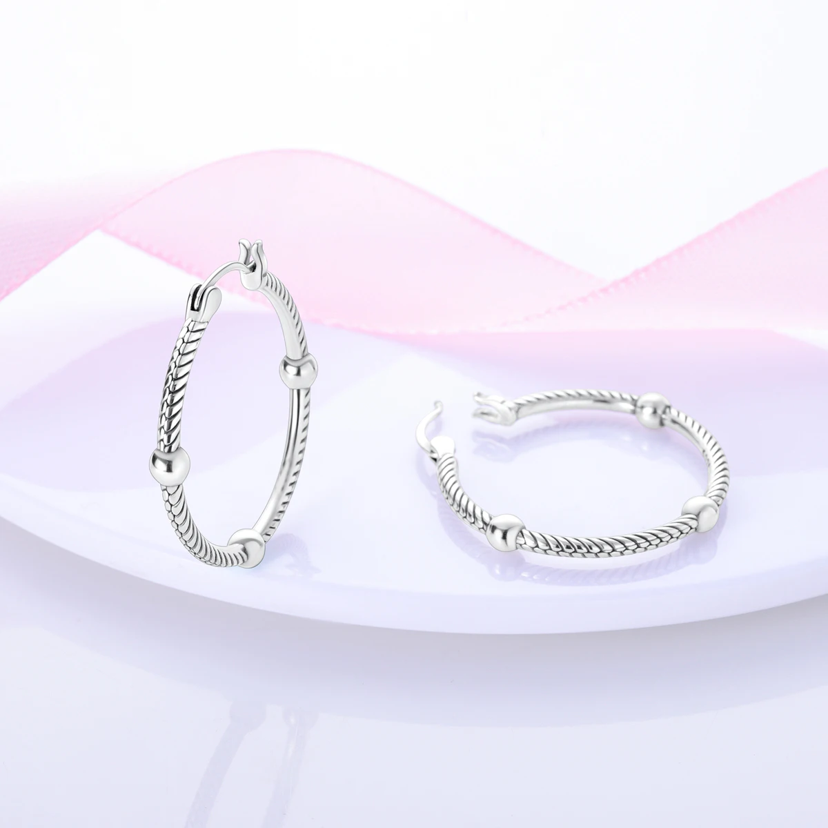 925 Sterling Silver Minimalist Twisted Bead Hoop Earrings For Women Classic Simple Textured Oval CZ Ear Jewelry Gift