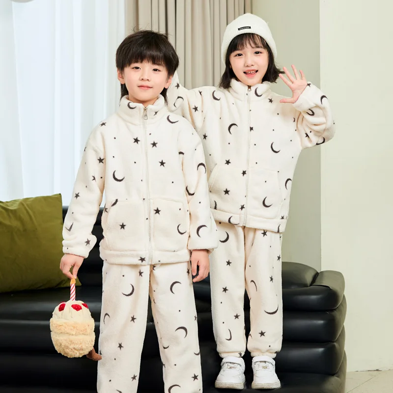 

2025 Autumn and Winter Children's Flannel Pajamas with Fleece Lining, Thickened Coral Fleece Homewear Pajama Set