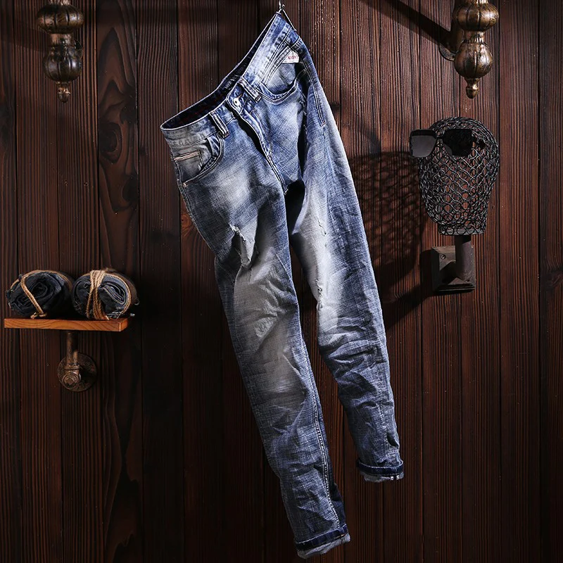 Streetwear Fashion Men Jeans High Quality Retro Blue Stretch Slim Fit Hole Ripped Jeans Men Vintage Designer Denim Pants Hombre