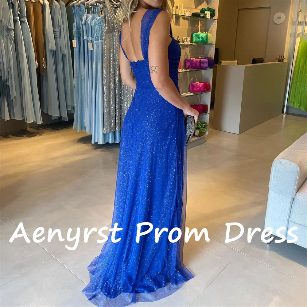 Aenryst Simple Spaghetti Strap Tulle Straight Evening Dresses Backless Sweep Train Prom Party Gowns Custom Made فساتين السهرة