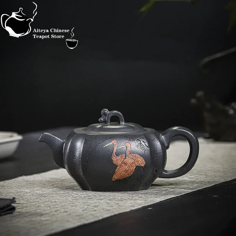 Yixing handmade purple clay teapot, original ore, celadon clay, pine and crane, Yannian Kung Fu tea set, Chinese teapot 240ml