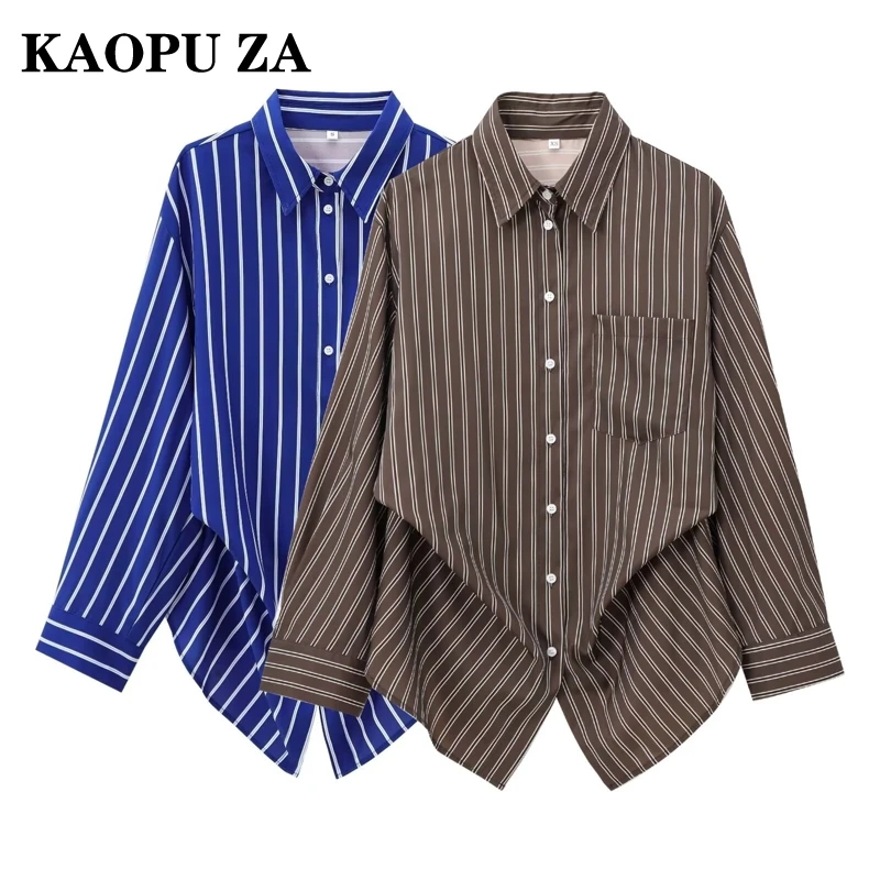 

KAOPU ZA 2024 New Autumn Woman's Casual Turn-down Collar Shirt Jacket Female Vintage Striped Single-breasted Ruffles Top Coat