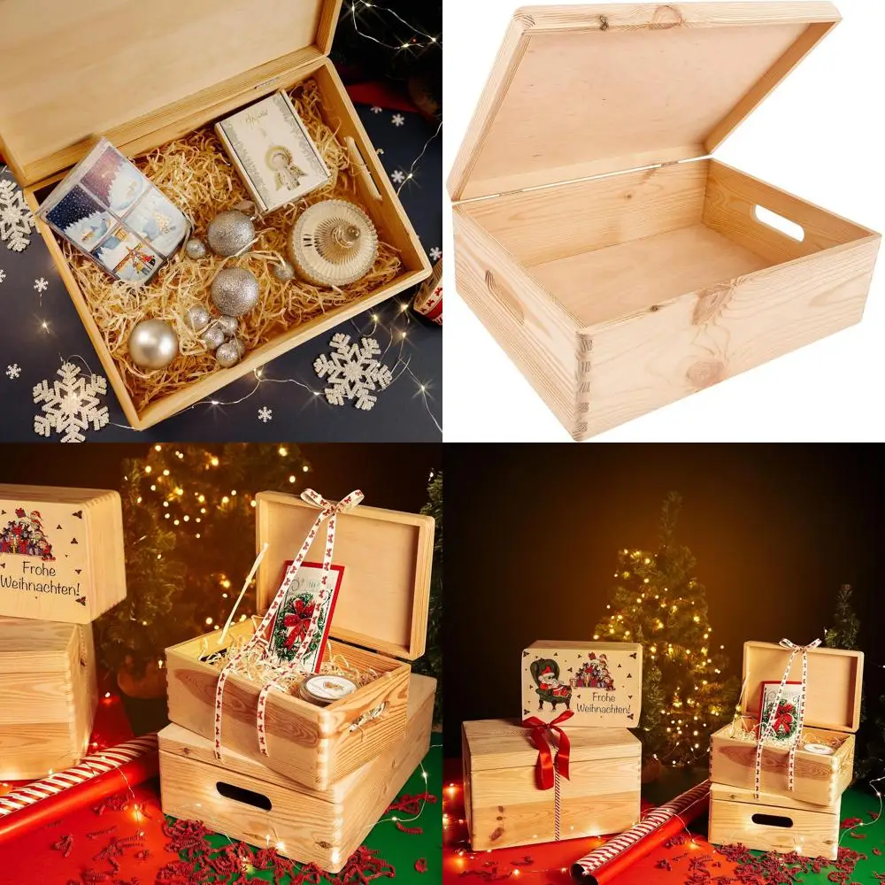 

Large Wooden Storage Box with Hinged Lid - 15.8x11.8x5.5in | Unfinished, Unpainted Gift Box with Handles for Storage of Tools, T