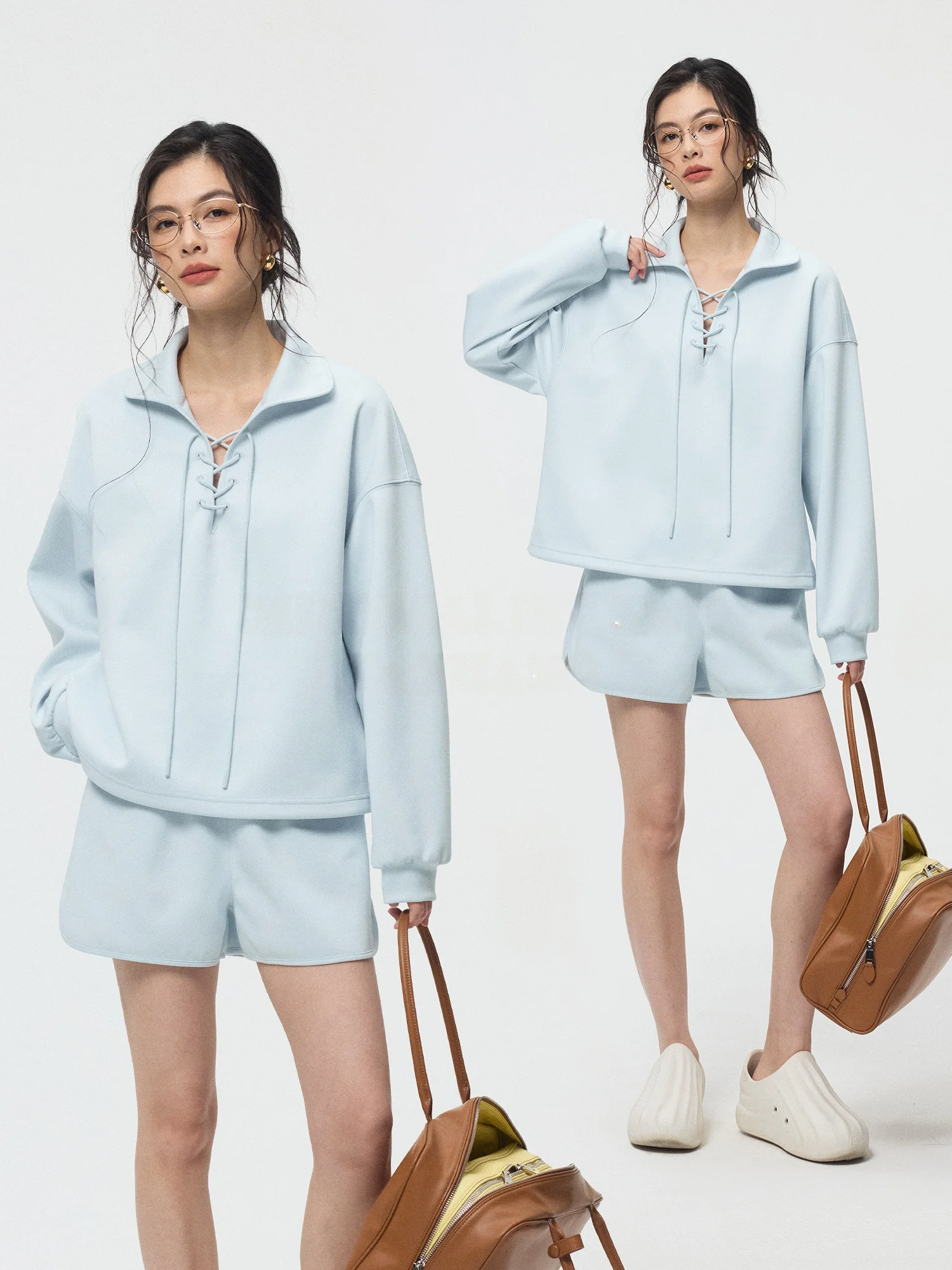 

ZzZHANG Trendy Light Color Spor Long Sve orts Set Spring Summer V-Ne Loose Fit Cotton Casual Wear for Women