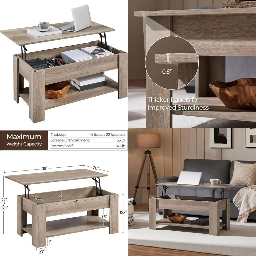 

Grey Modern Coffee Table with Hidden Compartment and Storage Shelf, 38.6in Long, Suitable for Dining or Living Rooms