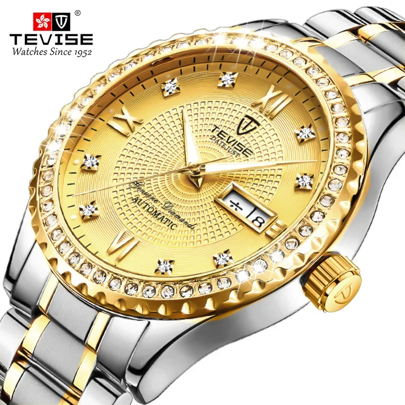 Men Diamond Gold Dial Waterproof Luminous Quartz Watch Man Business Multi Function Calendar Week Non Mechanical Watch