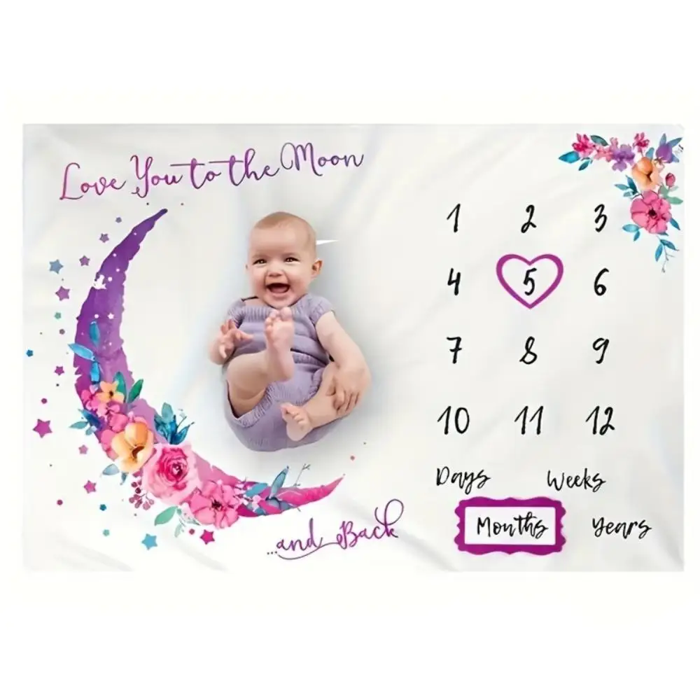 VIKAMA Purple Floral Moon Design Baby Full Moon Photography Blanket, Newborn Baptism, Milestone Commemoration, Growth Calendar