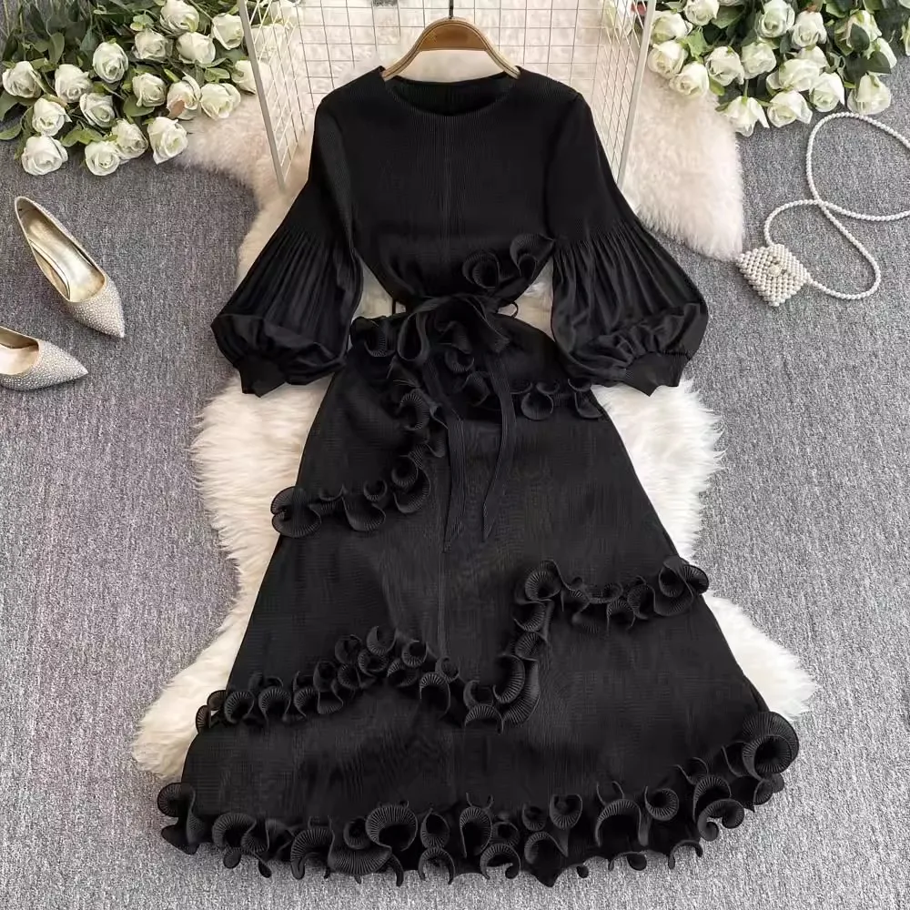 2024 New Fashion Spring Miyake Pleated Midi Dress Elegant Women Round Collar Long Sleeve Spliced Ruffles Long Party Clothing