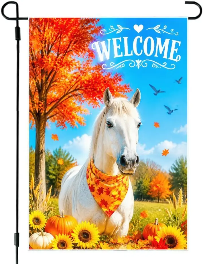 Horse Garden Flag Linen 12x18 Inch Double Sided Outdoor Yard Decor Rustic Autumn Sunset Scene Howling Horse in Basket Scarf  aaz