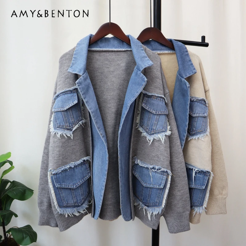 

2025 Autumn Winter Denim Splicing Women's Sweater Coat Vintage Design Loose Sweet Cool Casual Versatile Knitted Cardigan Ladies