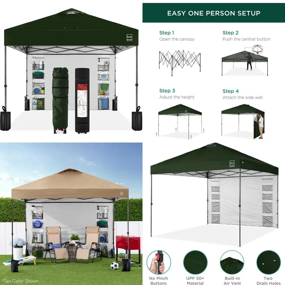 

Portable 10x10ft Pop Up Canopy with Side Wall, 10 Pockets, Carrying Case, 1-Button Setup, 4 Weight Bags - Easy Setup Outdoor She