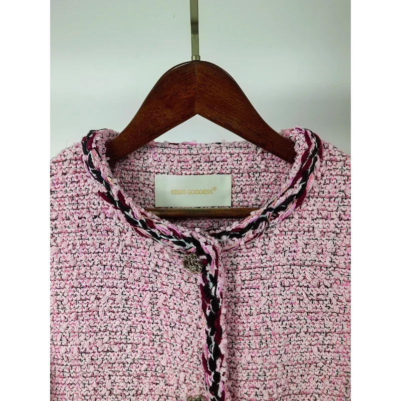 QICHE Women's Jacket Women's Outerwear Oil Pink Cropped Tweed Jacket Contrast Ribbon Trim Edge Design