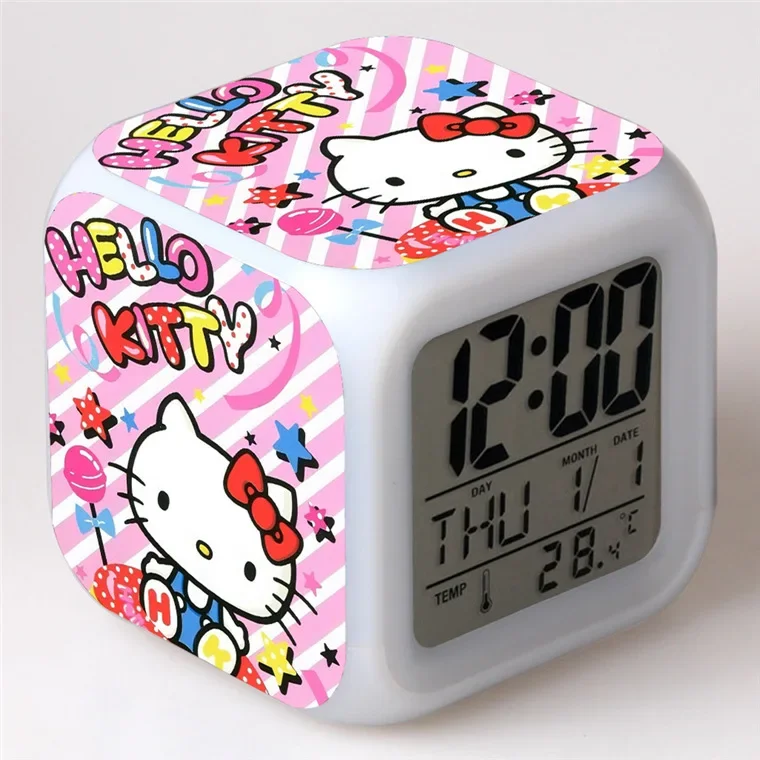 MINISO Sanrio's New Cartoon Hello Kitty Colorful LED Color-changing Alarm Clock Square Clock Student Gift Best Birthday Gift