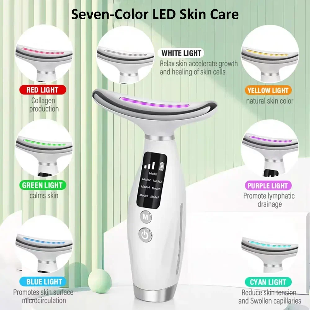 Ems microcorrente pescoço massageador elevador facial apertar contorno facial e linhas suaves dispositivo 7 cores led luz instrumento de beleza