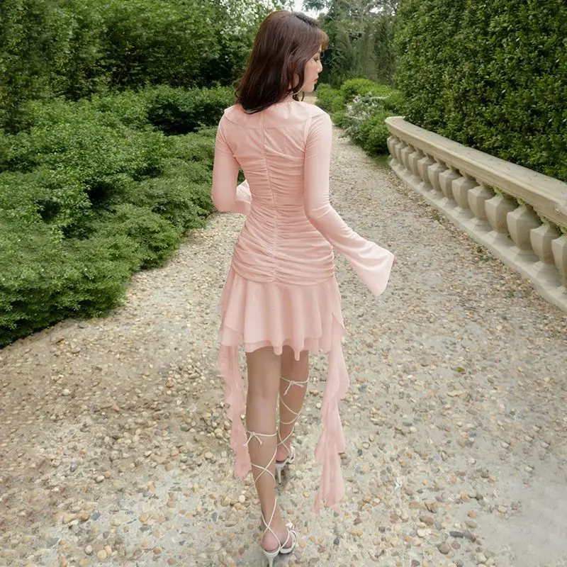 Dress Tie Front Lace Streamer Women Fairycore Deep V Neck Mesh Gathered Long Sleeve Mini Dress Y2K Beach Style Dress