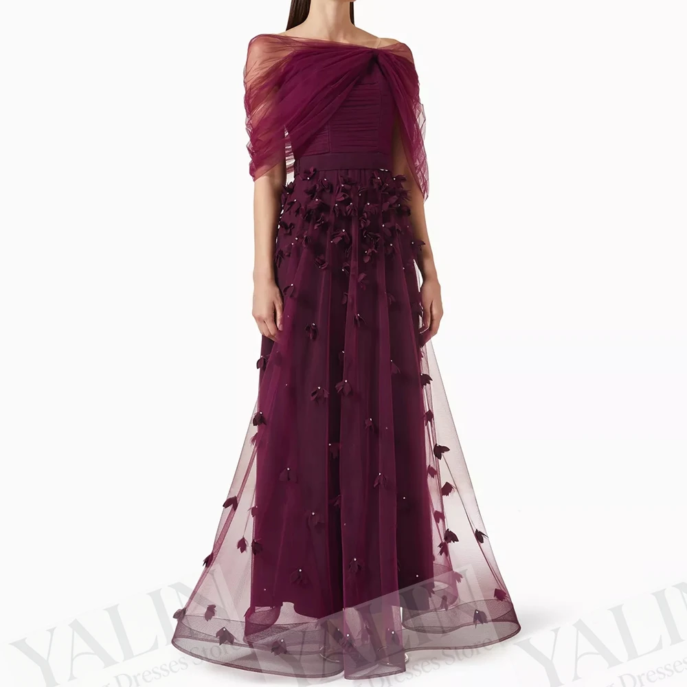 

Women's A-line Evening Dresses Floor-length Off The Shoulder Sleeveless Prom Gown Fashion Flowers Simple Draped Customized Gowns