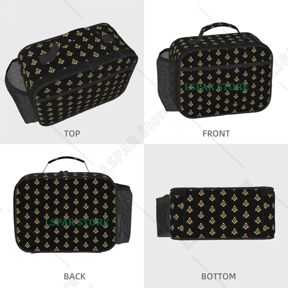Freemason Pattern Gold Blue Square And Compass Masonic Insulated Lunch Bag for Women Children Food Boxes Thermal Lunch Box Tote