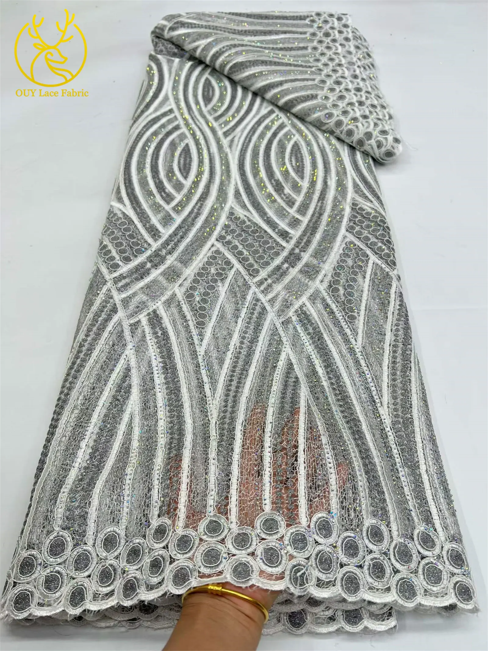 5 Yards hochwertiger afrikanischer Baumwollstoff mit gewebten Edelsteinen, 2026 nigerianischer wasserlöslicher Stoff für Damen-Partykleider zum Nähen – Detail 9