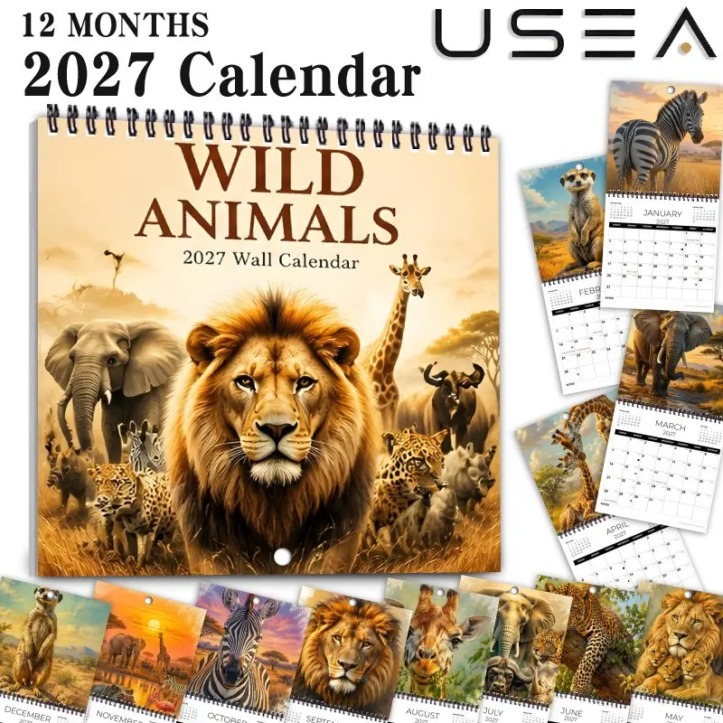 2027 Wall Calendar, Wild Animals Monthly Planner, Calendar with Large Writable Blocks, US Federal Holidays, Aesthetic Wall Decor