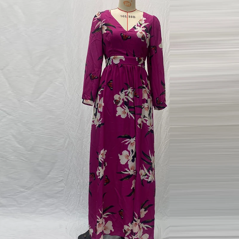 Elegant V-neck Long Sleeve Bohemian Dress Women Fashion Hight Waist Pleated Long Dress Vintage Flower Print Chiffon Party Dress