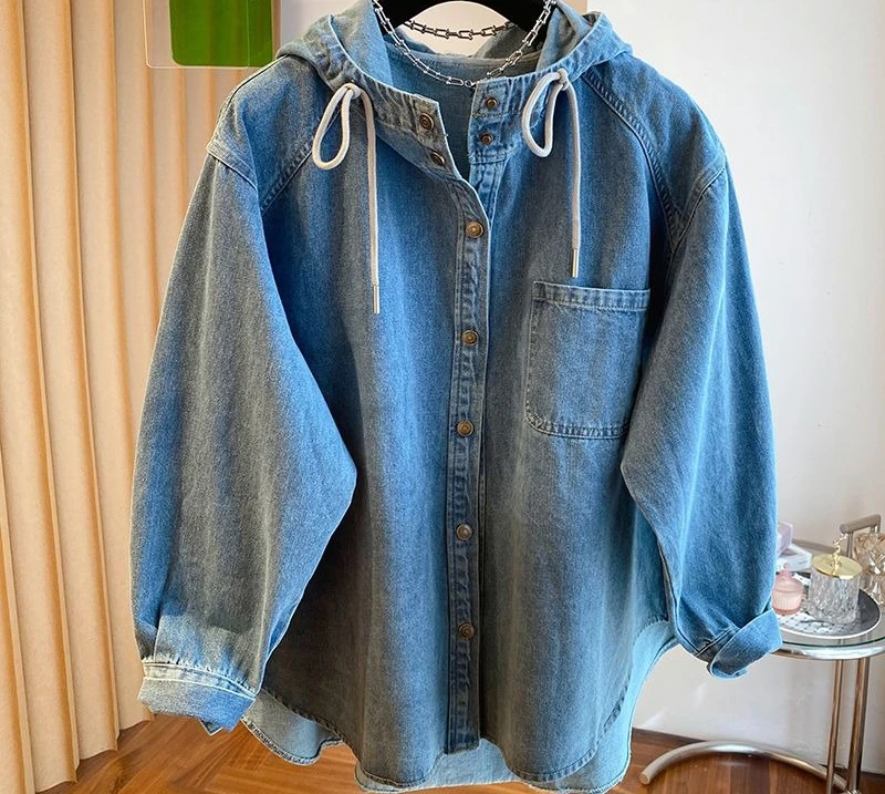 Hooded Denim Shirt Jacket for Women's Autumn 2026 New Loose Casual Blue Hoodie Top