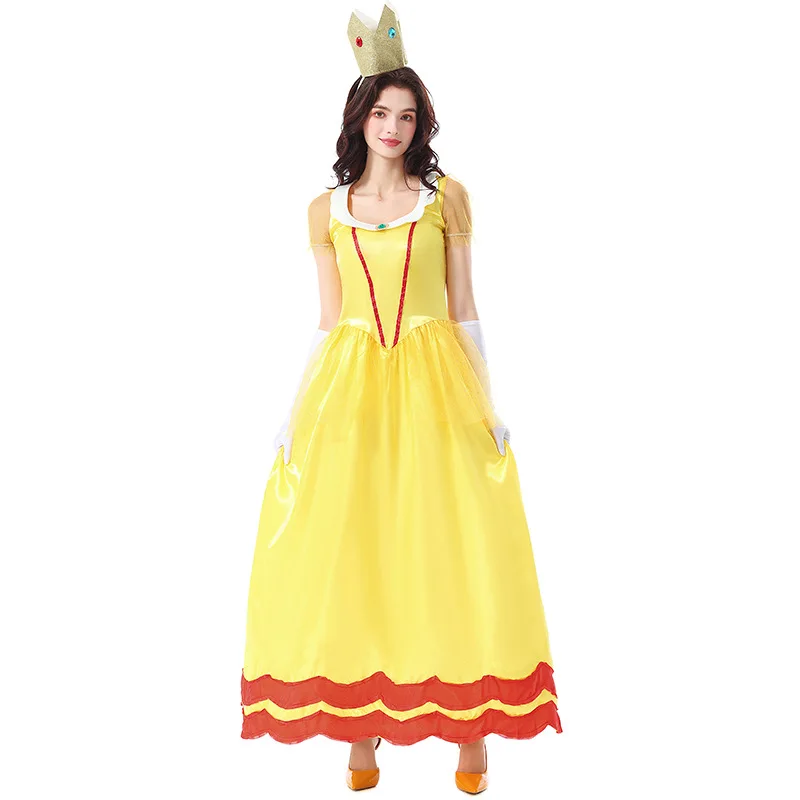 

Yellow Satin Princess Ball Gown Adult Halloween Cosplay Dress Game Roleplay Floral Fairy Tale Outfit