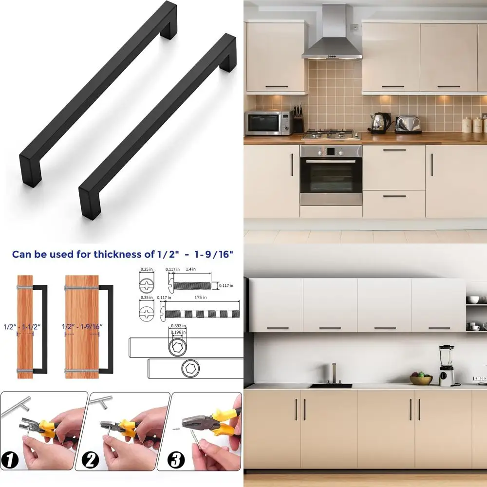 

8-Inch Matte Black Square Drawer Pulls - 32 Pack Kitchen Cabinet Hardware - Modern Design Handles