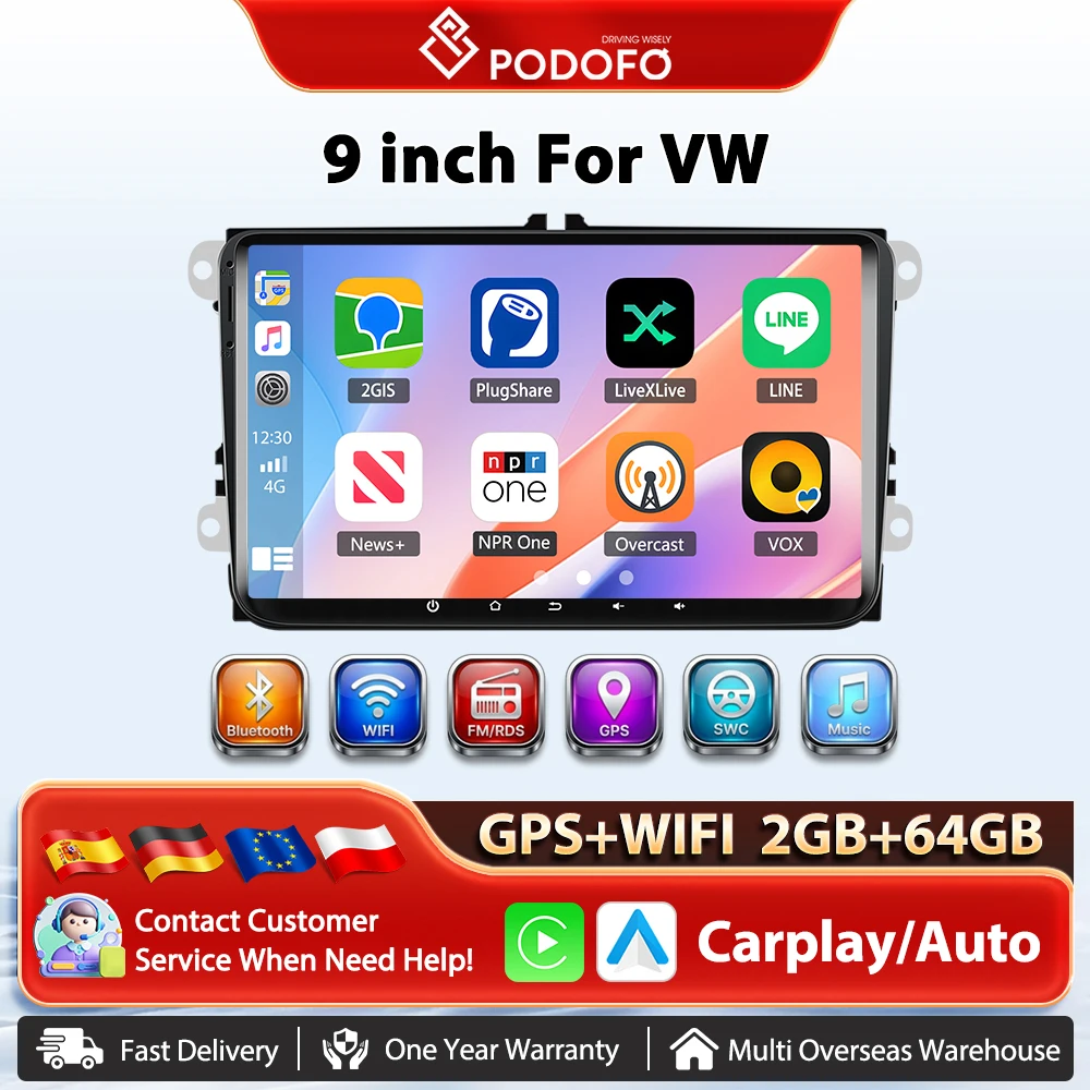 Podofo 9''Android Auto Radio Für VW/PASSAT/GOLF/TOURAN/KÄFER Multimedia Player Carplay Android Auto GPS WIFI FM RDS BT Auto Audio