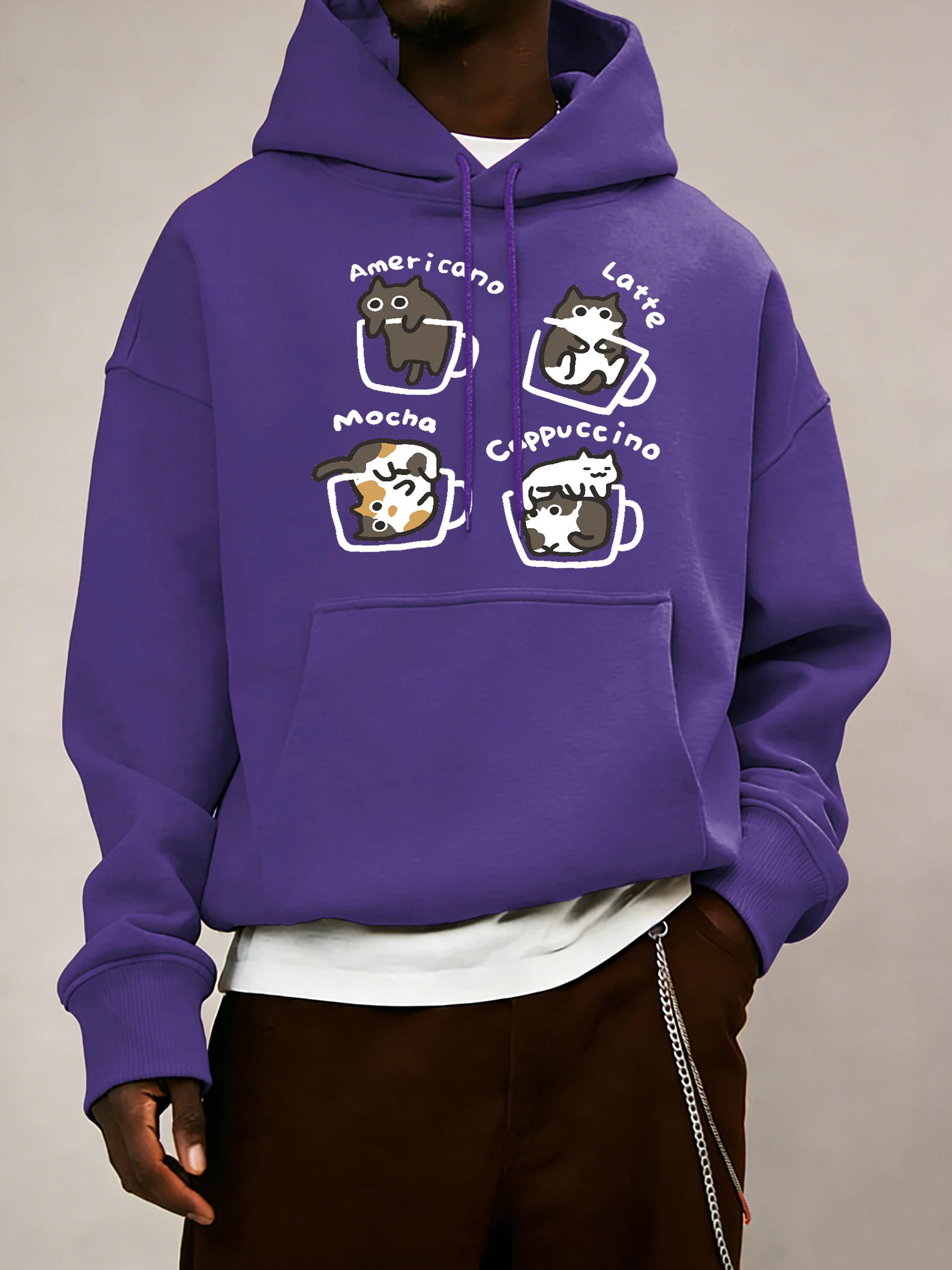 

Мужская модная 14-цветная толстовка с капюшоном Cat Coffee Art Letter Design, повседневная универсальная удобная флисовая толстовка унисекс с длинными рукавами