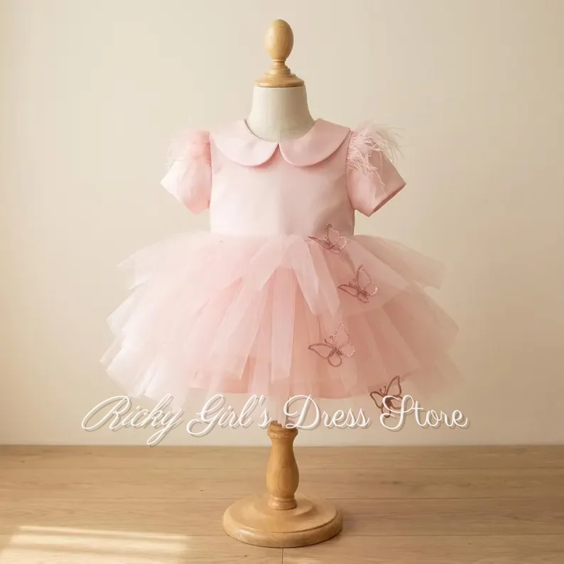Little Baby Tulle Flower Girl Dress With Sleeves Pink Butterfly Feather Princess Gown Kids Birthday Dresses First Communion