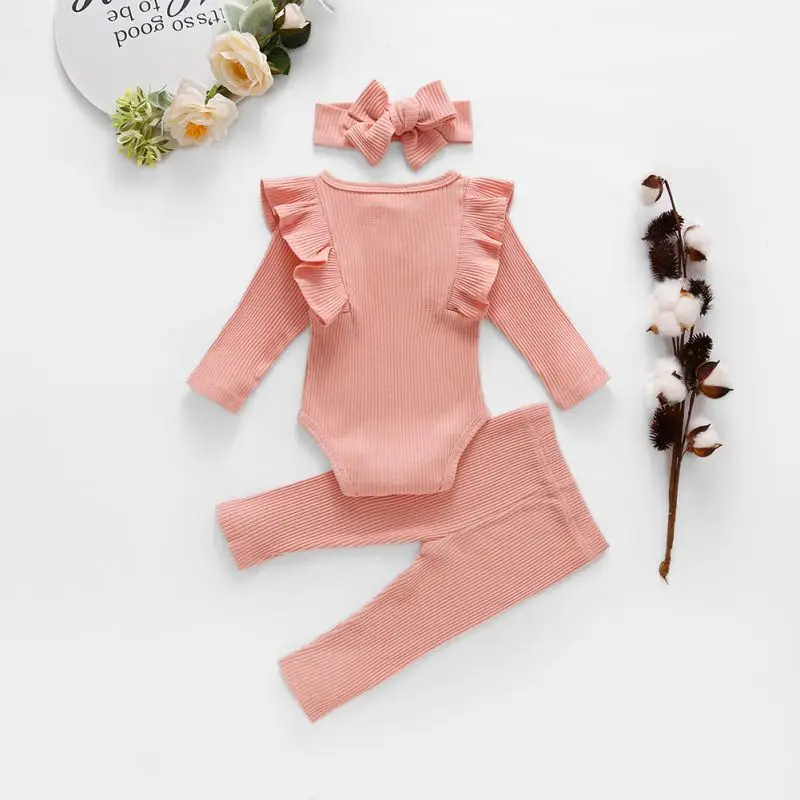 Solid Newborn Baby Boy Baby Girl Clothes Set Cotton Full Sleeve Infant Bodysuit+Pants+Headband Outfit 3pcs Toddler Suit 0-18M