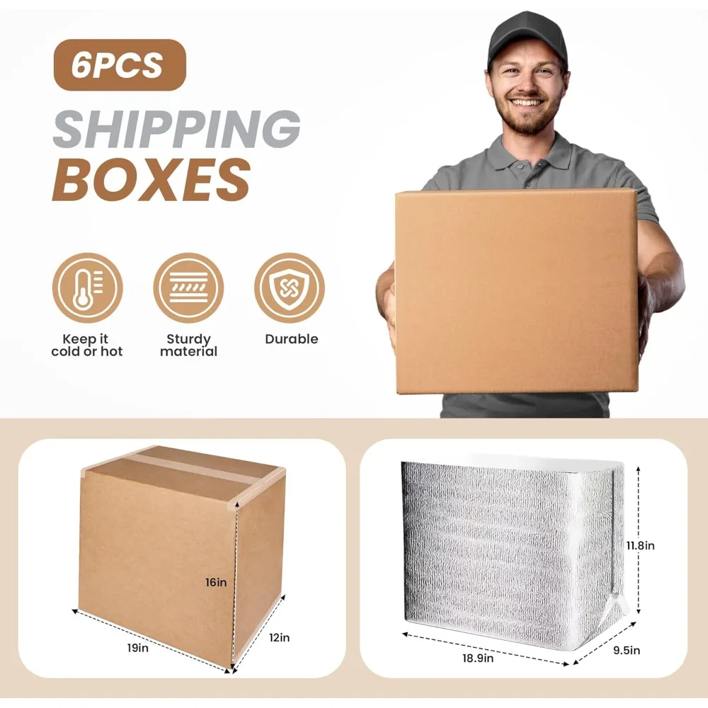 Insulated Shipping Boxes 6-Pack with Aluminum Foil Liners for Cold Pack Shipping of Frozen Items