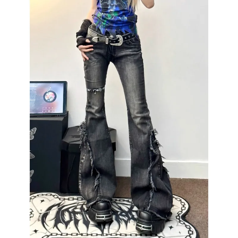 American Retro Fringed micro Flared Jeans with Women's Cross Tie Design Spicy Girl Slim Fit and Slimming Horseshoe Pants