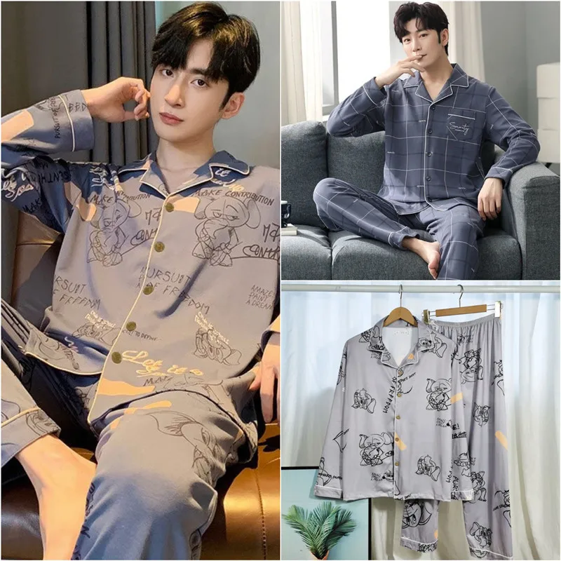 Pijama masculino de manga comprida com decote em v, loungewear xadrez macio, algodão, moda casual, roupas de menino, novo, primavera, outono, 2 peças por conjunto, 2024