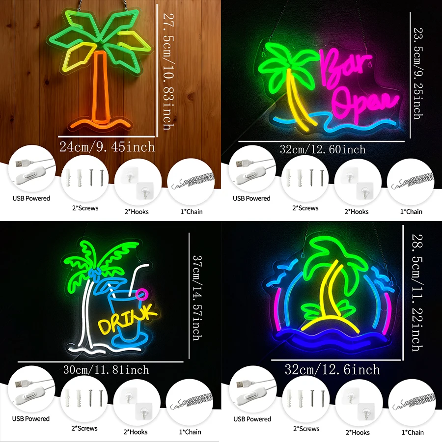 Coconut Tree Neon Sign For Wall Decor,Light Up Sign For Living Room,Tiki Bar Decor,Hawaii Club,Summer Beach Party,USB Powered