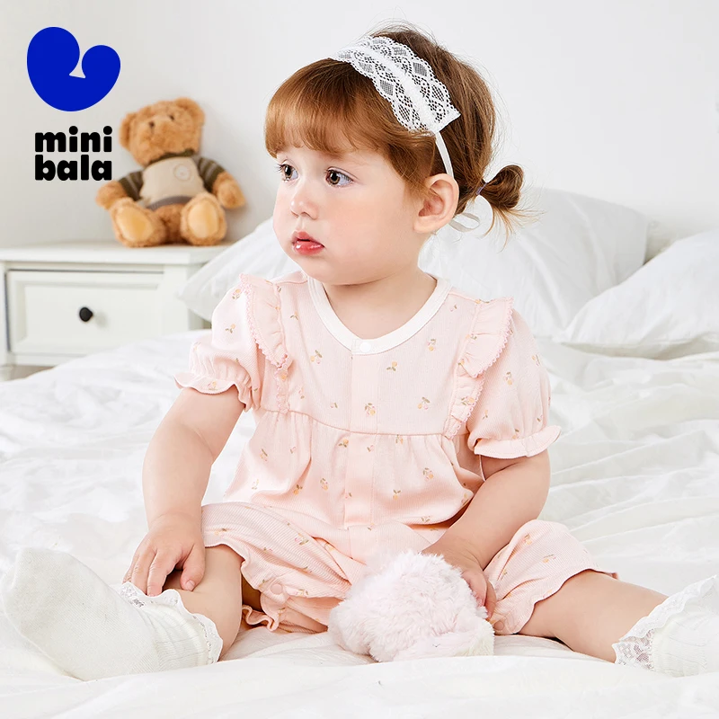 

Mini Bala Girls Baby Romper Summer Breathable Soft Bodysuit Sweet Homewear Base Layer One-Piece for Infant Comfort
