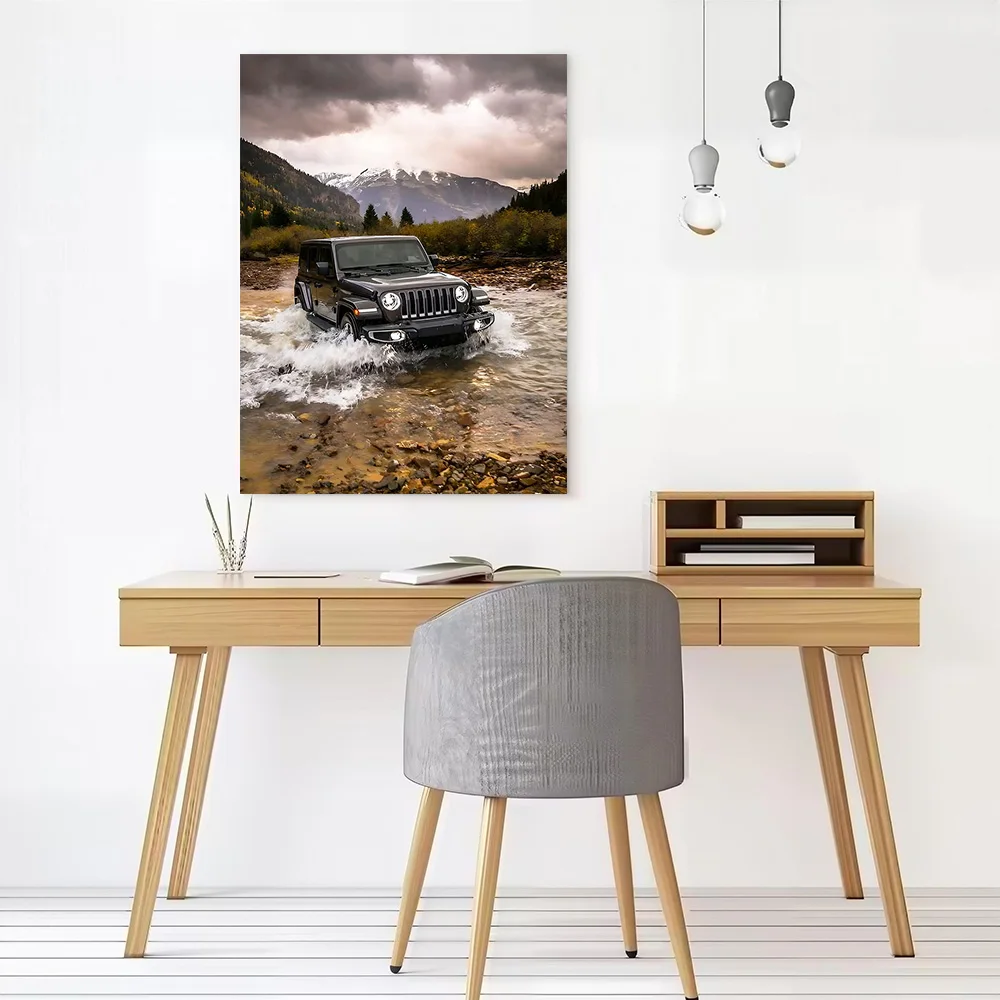 SUV Wrangler in Mountain Stream Canvas Poster Customizable Printed Canvas Painting Wall Art for Fans Room Decorations Wand Deko