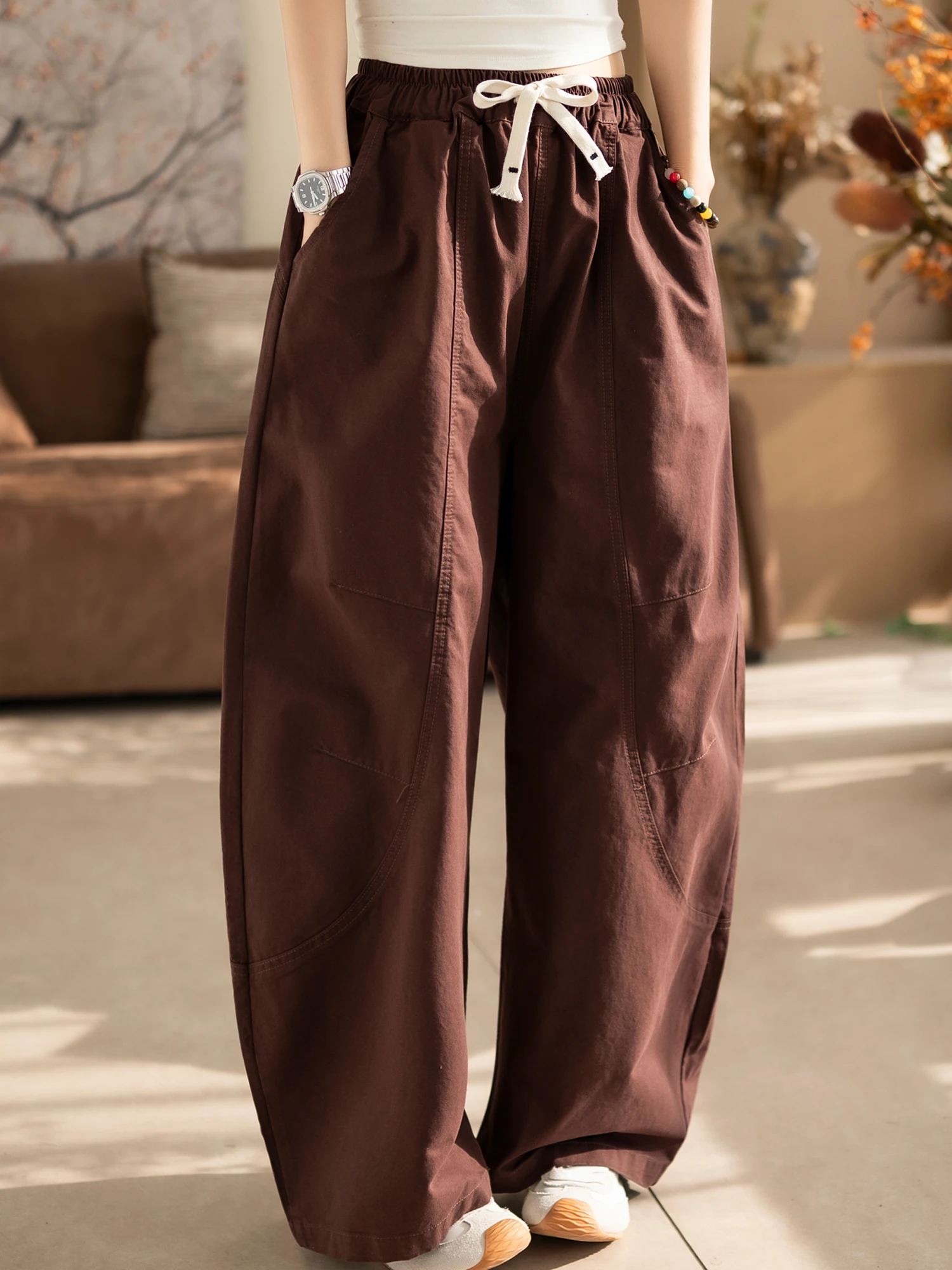 

Модные повседневные хлопковые брюки с высокой талией, широкими штанинами, свободного кроя, в европейском стиле, весна-осень, универсальные, стройнящие, с эффектом утяжки