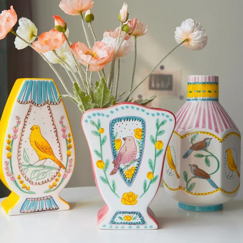 CuteLife Vintage Bird Ceramic Vase Decoration Ornaments Wedding Coffee Table Vase for Centerpiece Home Garden Hanging Flower Pot