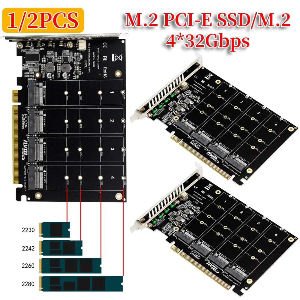 4 Port M.2 NVME SSD To PCIE X16 Adapter Converter Card Support 2230/2242/2260/2280 Host Controller Expansion Card LED Indicator