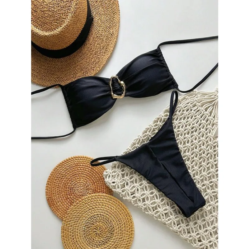 

Split Solid Color Bathing Suit Women's Sexy Lace Up Micro Bikini Two Piece Swimsuit 2025 New Lady Pool Party Swimming Beachwear